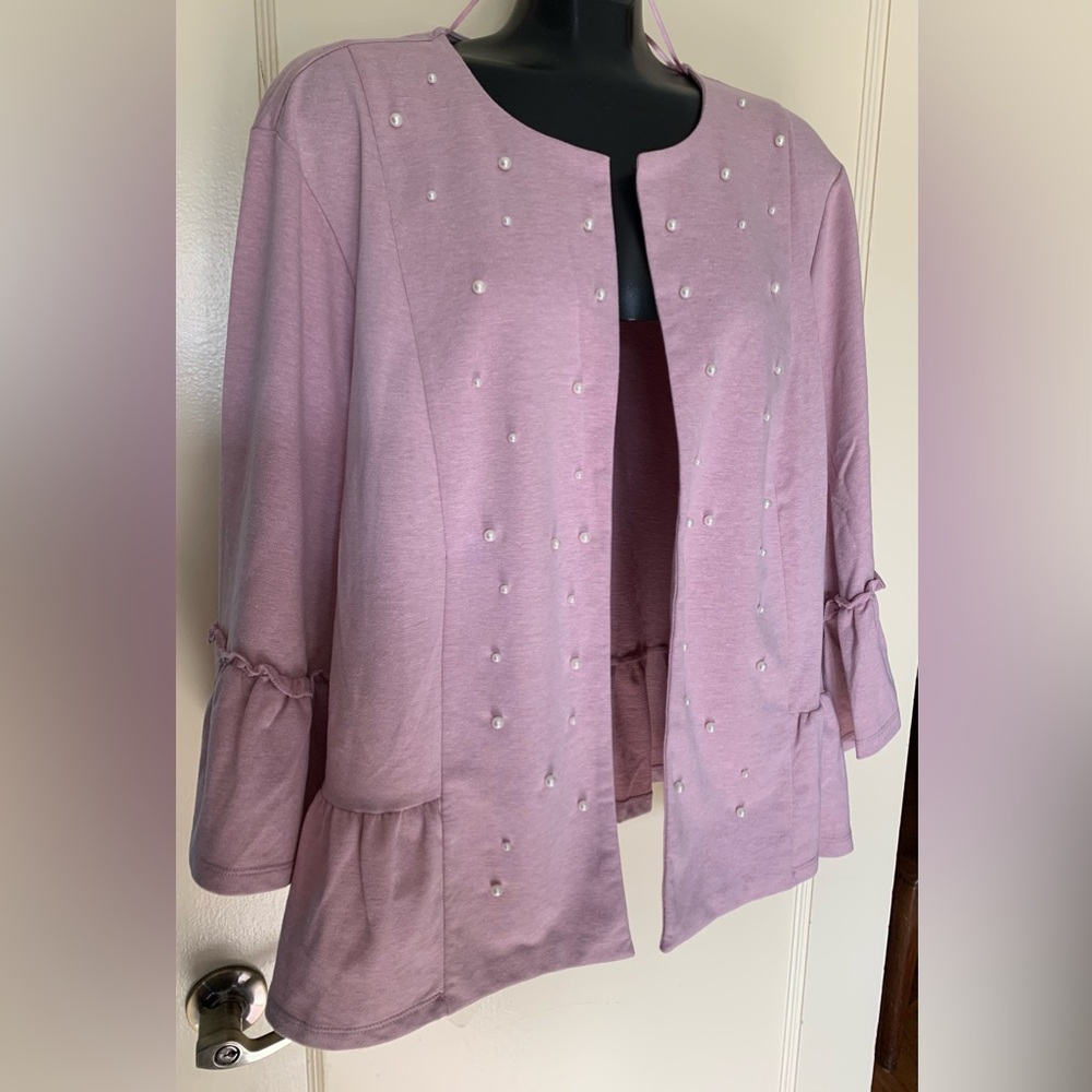 NWT Lane Bryant Dusty Pink PEARL Jacket Cardigan RUFFLE hem & bell sleeves. Wow!